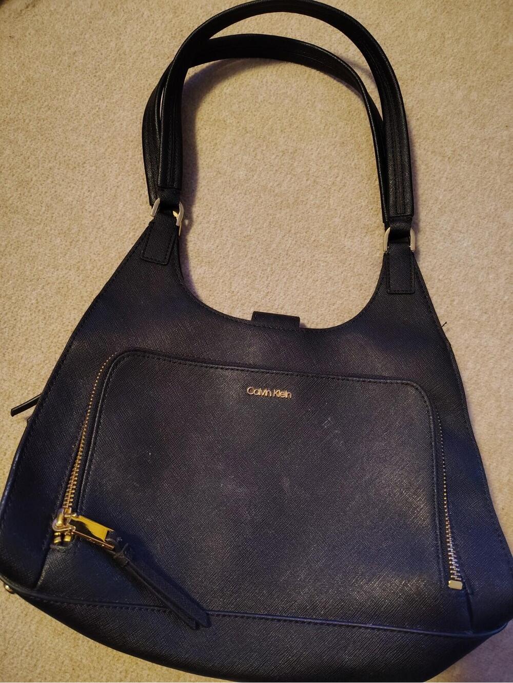 Calvin Klein Ava Saffiano Leather Triple Compartment Hobo Shoulder Bag in black